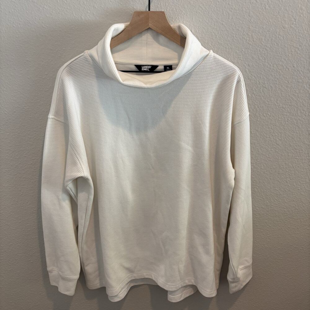 Lands End Waffle Knit Funnel Neck White Long Sleeve Size XL